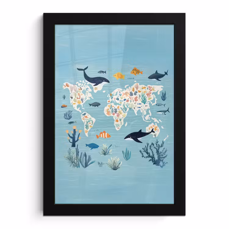 Poster met lijst - Wereldkaart - Zeeleven - Blauw — 1
