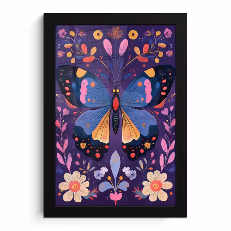 Poster met lijst - Sierlijk - Bloemen - Vlinder - Paars — 1