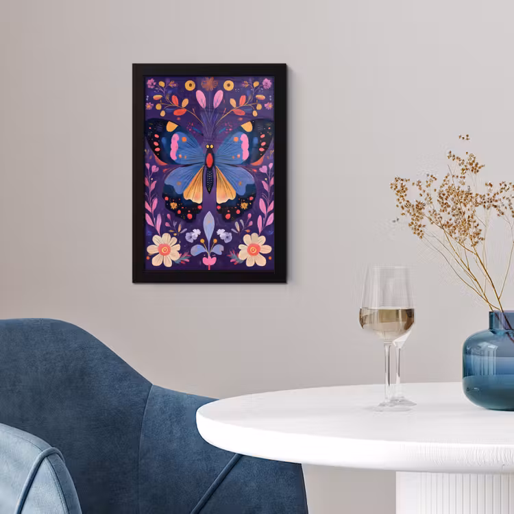 Poster met lijst - Sierlijk - Bloemen - Vlinder - Paars — 2
