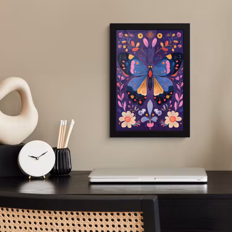 Poster met lijst - Sierlijk - Bloemen - Vlinder - Paars — 3