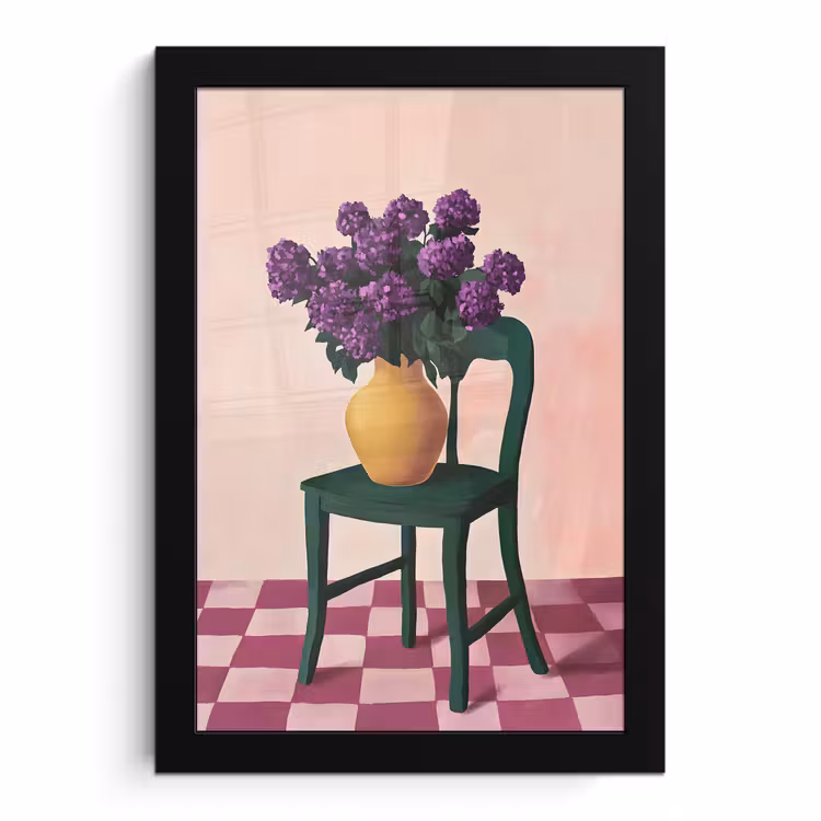 Poster met lijst - Stoel - Vaas - Bloemen - Geblokt — 1