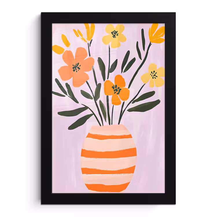 Poster met lijst - Vaas - Gestreept - Bloemen - Oranje — 1
