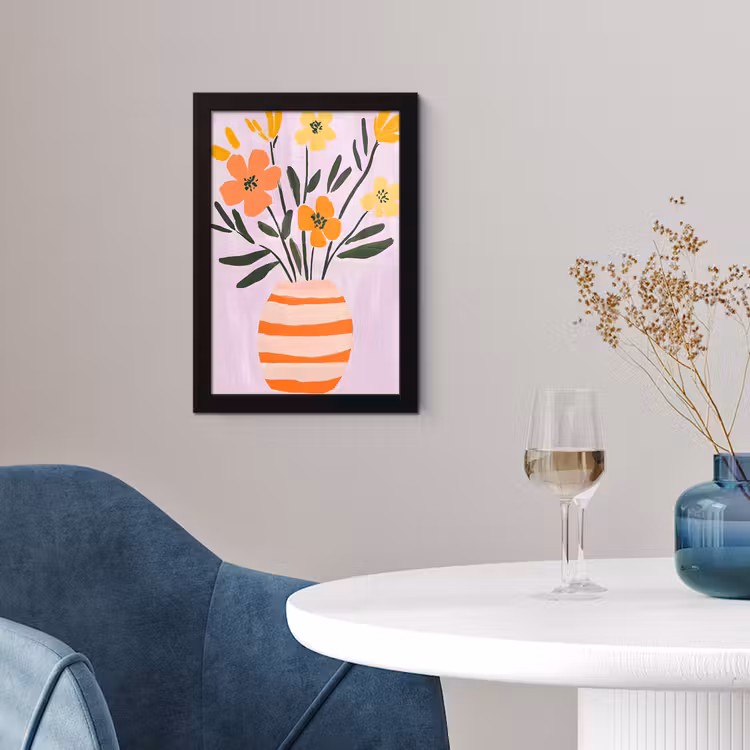 Poster met lijst - Vaas - Gestreept - Bloemen - Oranje — 2