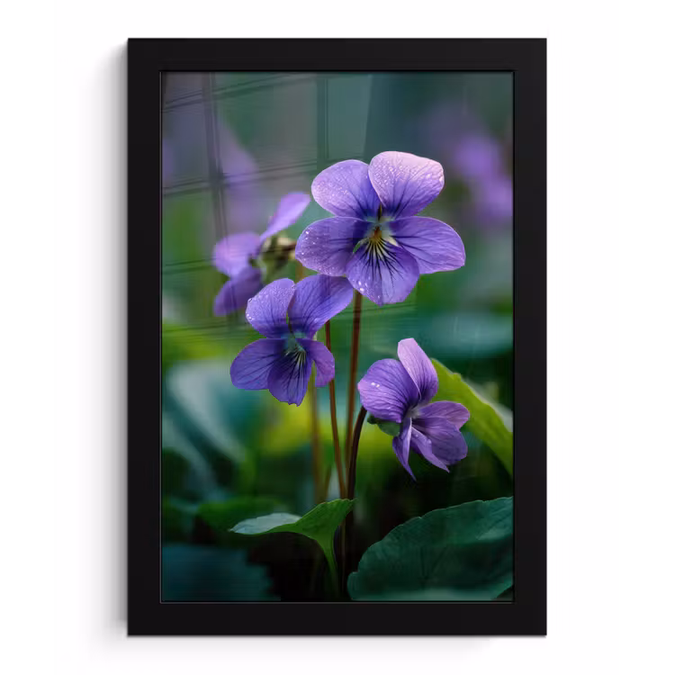 Poster met lijst - Viooltjes - Paars - Bloem - Bladeren — 1