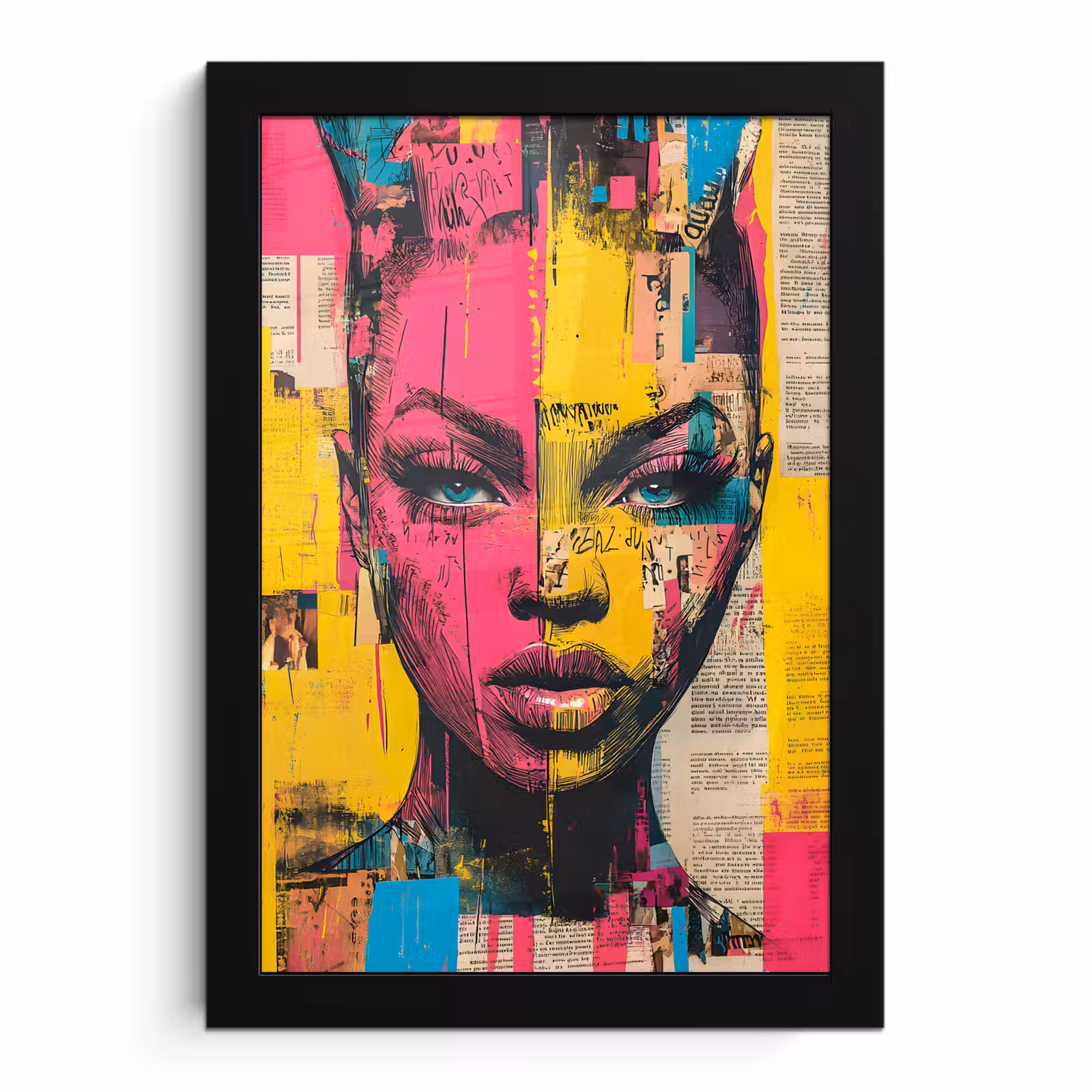 Poster met lijst - Vrouwengezicht - Krantenpapier - Abstract - Roze — 1