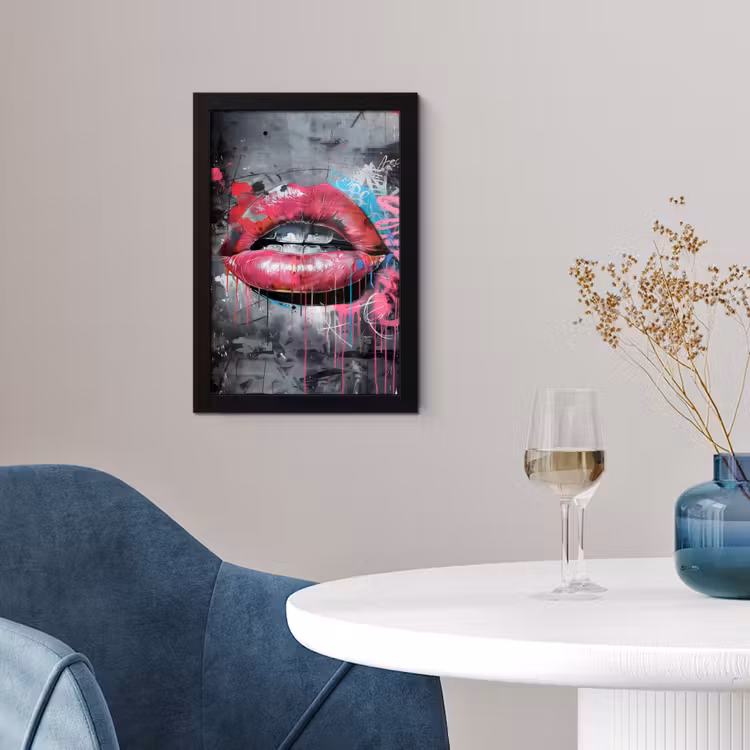 Poster met lijst - Lippen - Felroze - Graffiti - Verfstrepen — 2