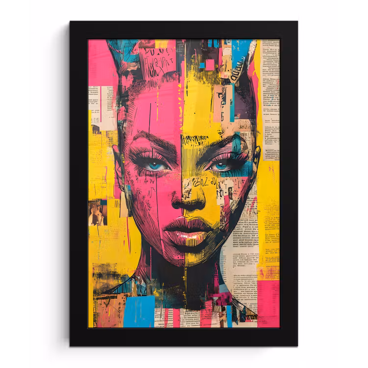Poster met lijst - Vrouwengezicht - Krantenpapier - Abstract - Roze — 1