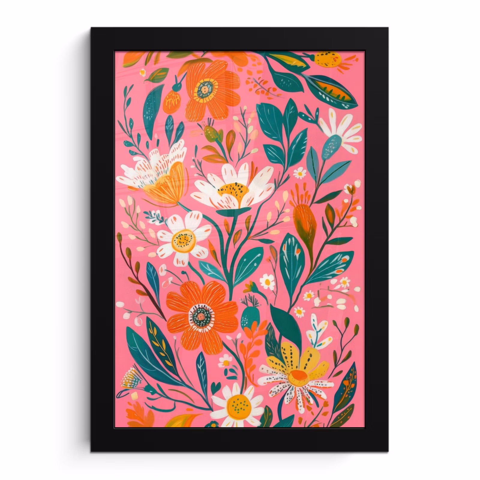 Poster met lijst - Roze - Bloemen - Wit - Oranje — 1