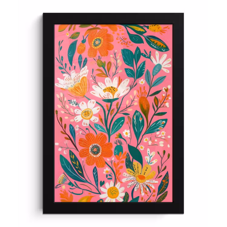Poster met lijst - Roze - Bloemen - Wit - Oranje — 1