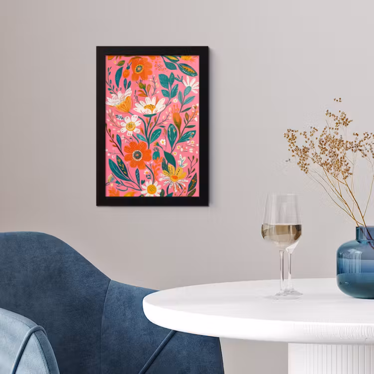 Poster met lijst - Roze - Bloemen - Wit - Oranje — 2