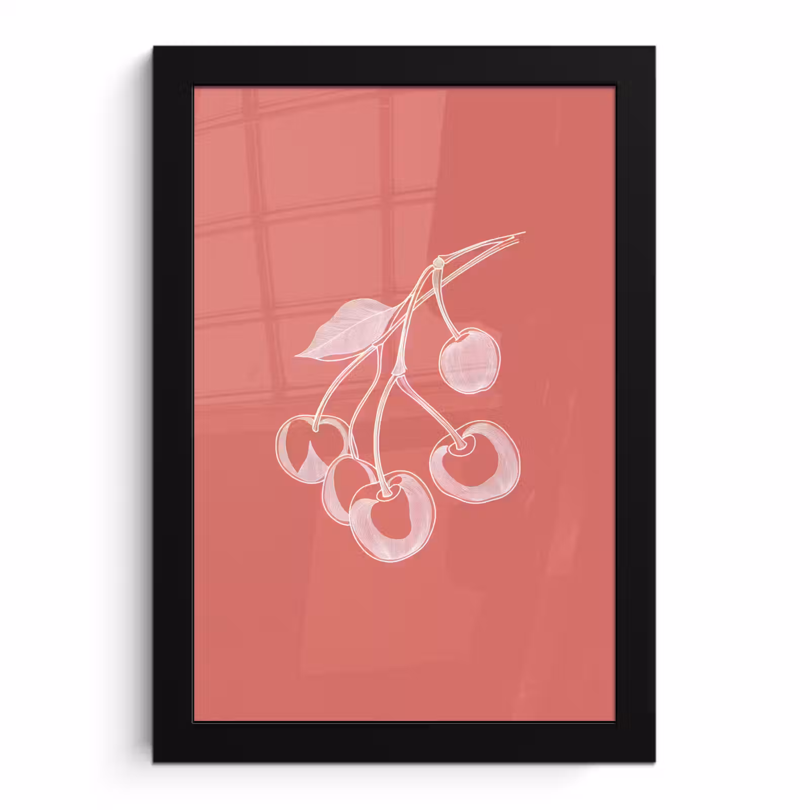 Poster met lijst - Lijnillustratie - Kersen - Tak - Wit — 1