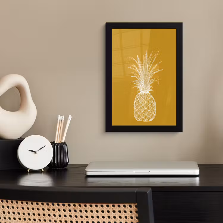 Poster met lijst - Lijnillustratie - Ananas - Bladkroon - Okergeel — 3