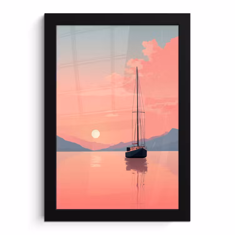 Poster met lijst - Zeilboot - Roze zee - Zonsondergang - Bergen — 1