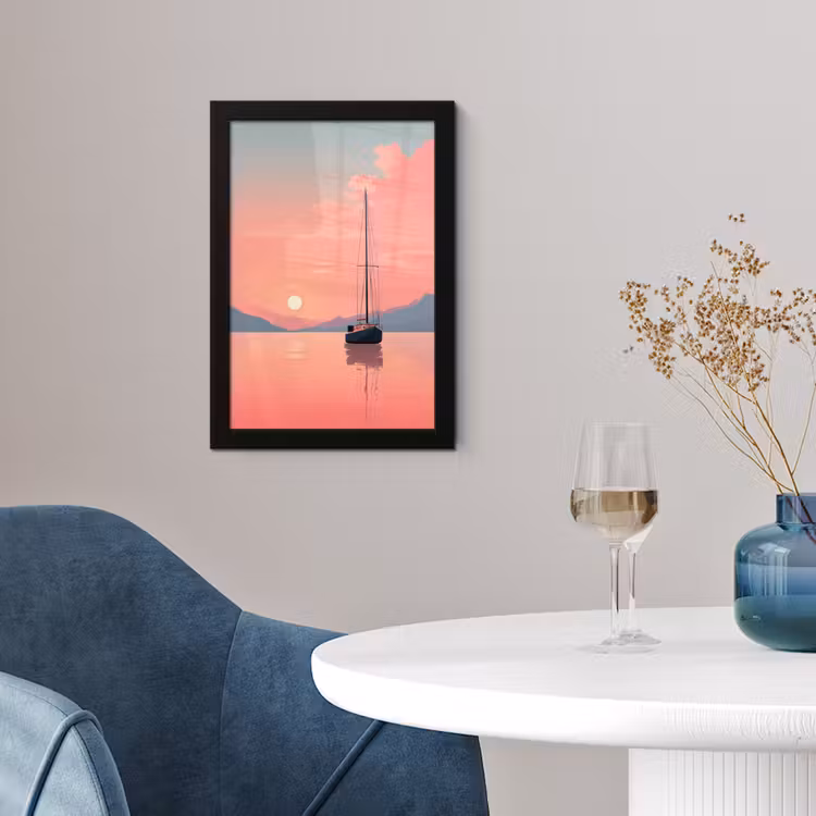 Poster met lijst - Zeilboot - Roze zee - Zonsondergang - Bergen — 2