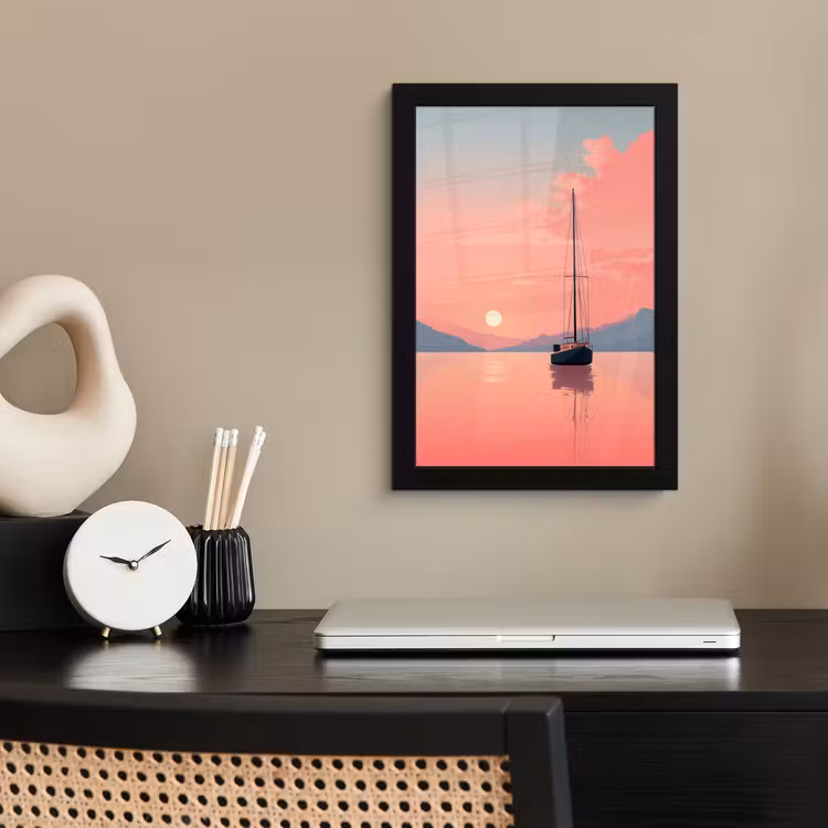 Poster met lijst - Zeilboot - Roze zee - Zonsondergang - Bergen — 3