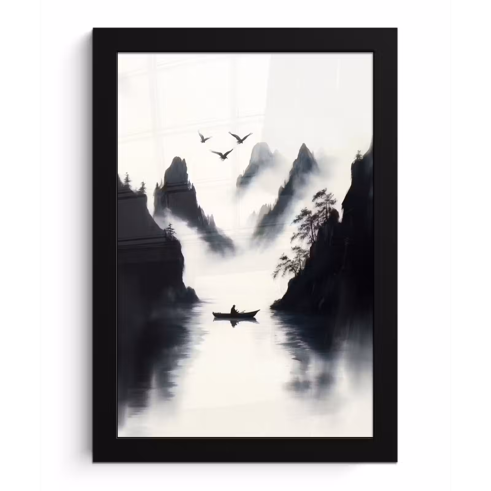 Poster met lijst - Roeiboot - Mistig - Bergen - Vogels — 1