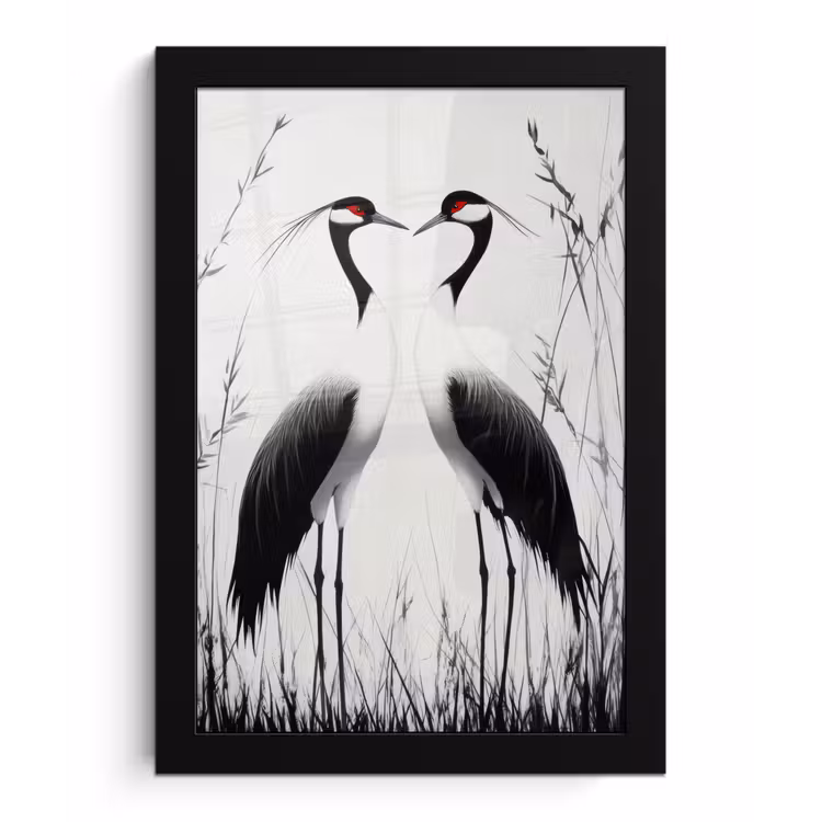 Poster met lijst - Kraanvogels - Gras - Hartvorm - Zwart — 1