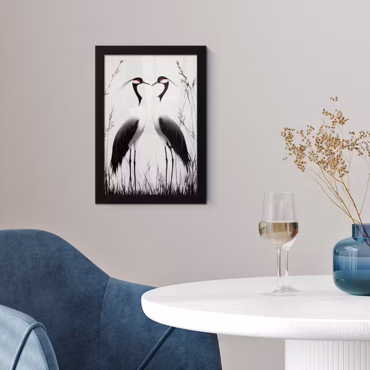 Poster met lijst - Kraanvogels - Gras - Hartvorm - Zwart — 2
