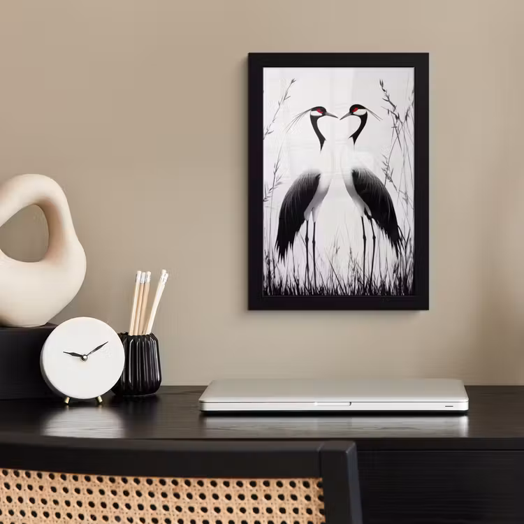 Poster met lijst - Kraanvogels - Gras - Hartvorm - Zwart — 3