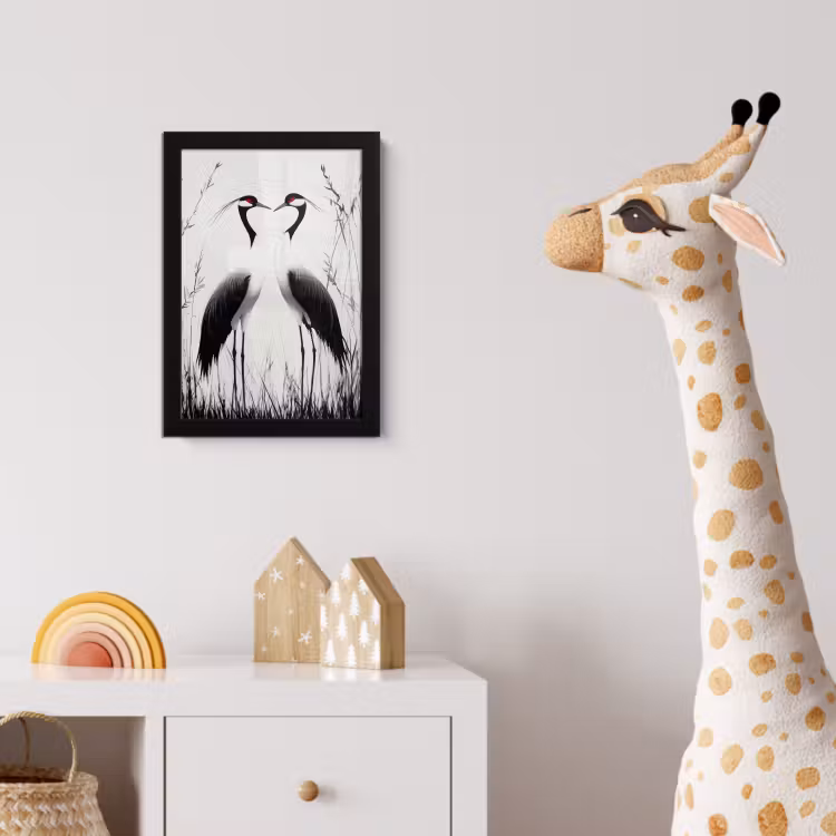 Poster met lijst - Kraanvogels - Gras - Hartvorm - Zwart — 5