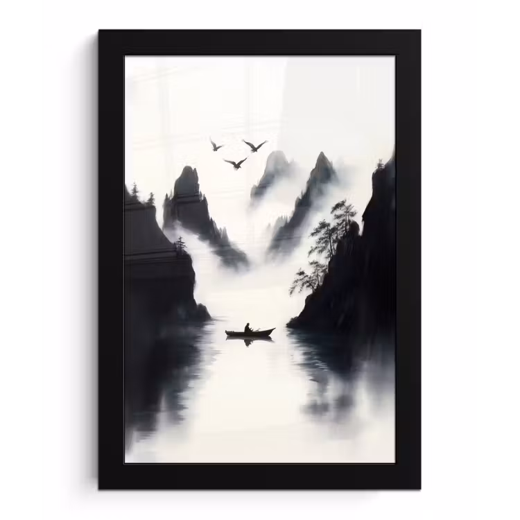 Poster met lijst - Roeiboot - Mistig - Bergen - Vogels — 1
