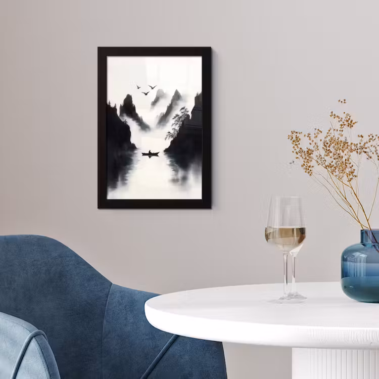 Poster met lijst - Roeiboot - Mistig - Bergen - Vogels — 2
