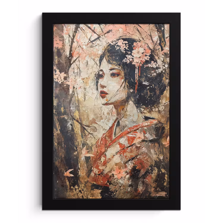 Poster met lijst - Kimono - Vrouw - kersenbomen — 1