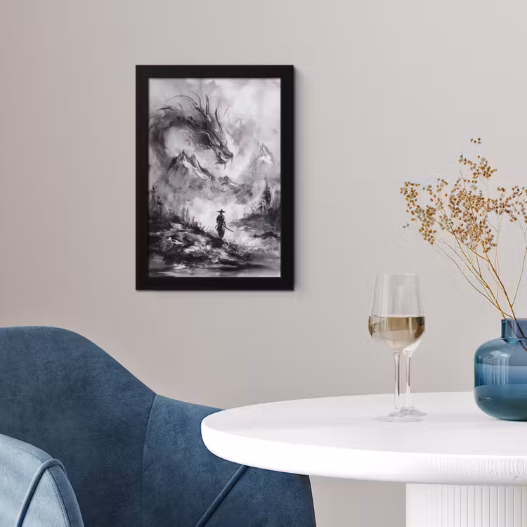 Poster met lijst - Krijger - Draak - Grijs — 2