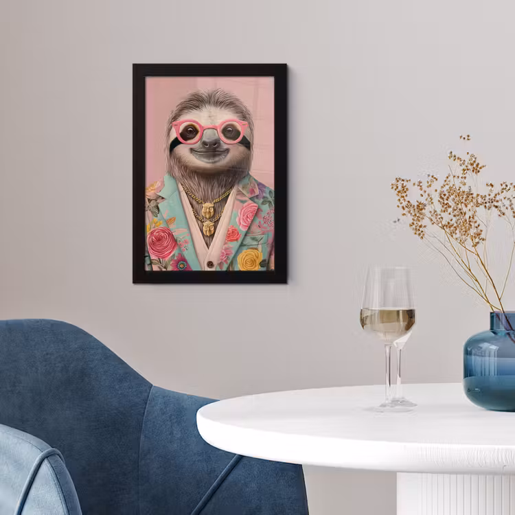 Poster met lijst - Luiaard - Bloemenprint - Bril - Roze — 2