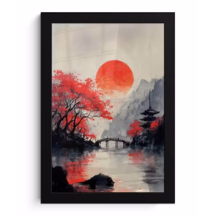 Poster met lijst - Rode zon - Rivier - brug - Bomen — 1