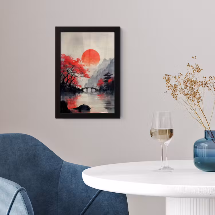 Poster met lijst - Rode zon - Rivier - brug - Bomen — 2