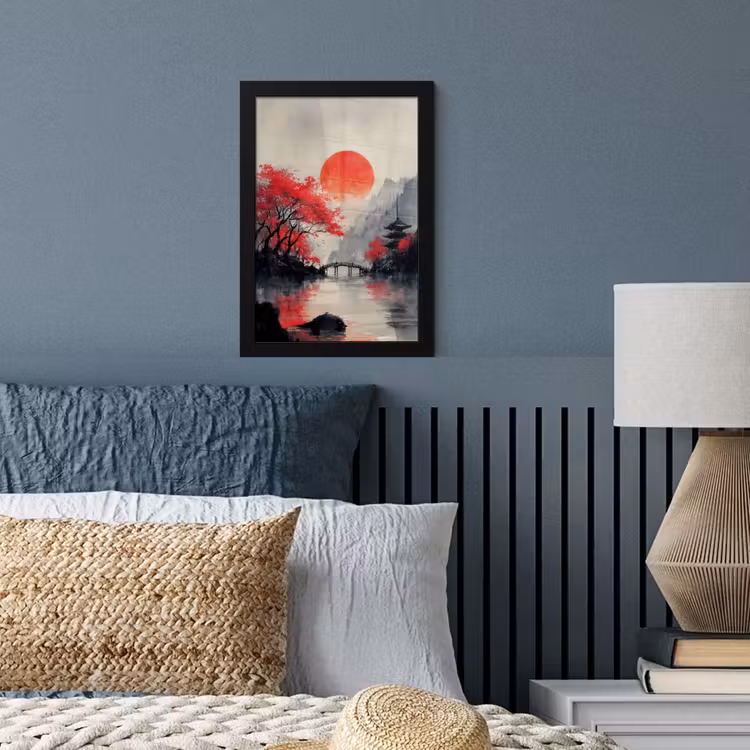 Poster met lijst - Rode zon - Rivier - brug - Bomen — 4