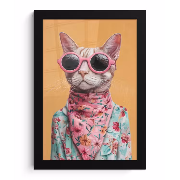 Poster met lijst - Zonnebril - Kat - Sjaal - Bloemen — 1