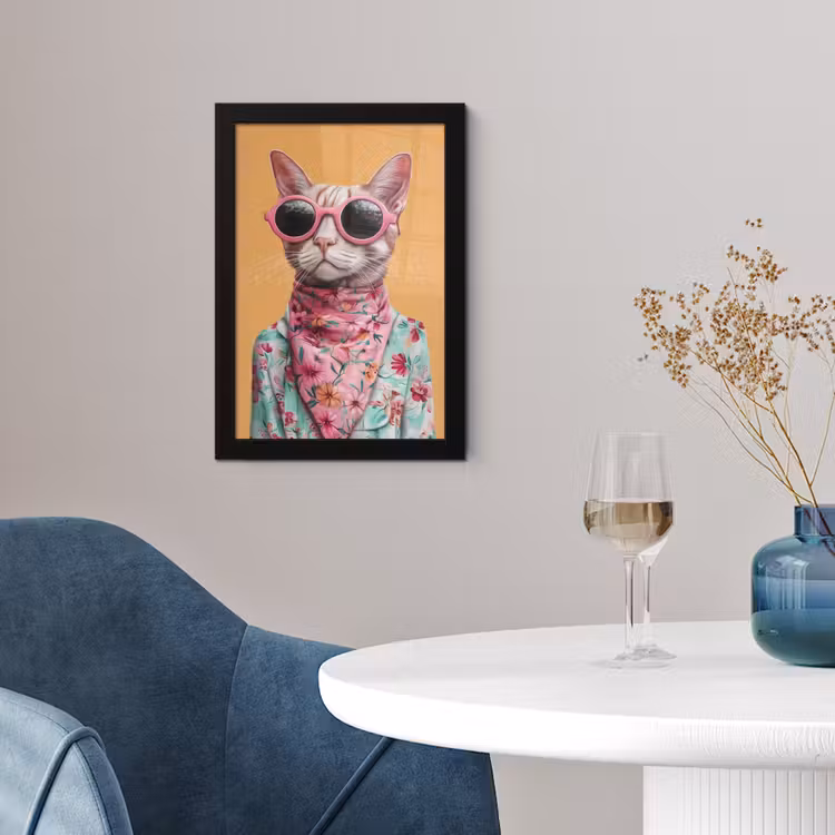Poster met lijst - Zonnebril - Kat - Sjaal - Bloemen — 2