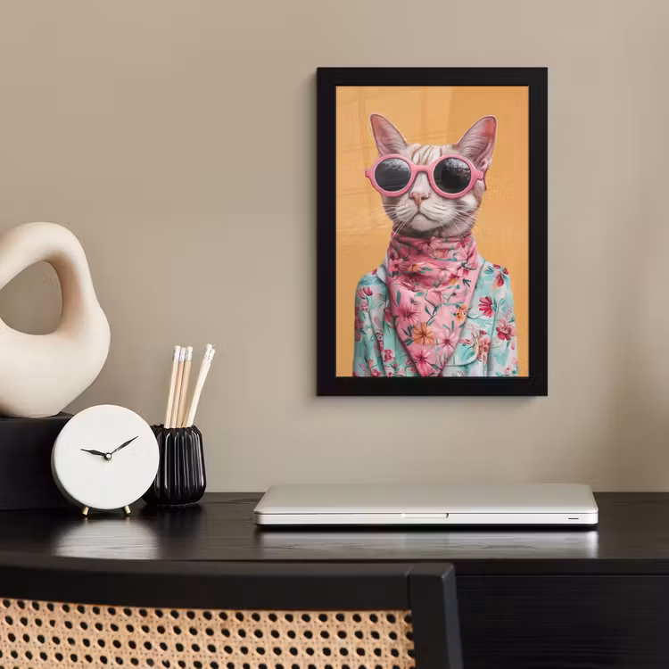 Poster met lijst - Zonnebril - Kat - Sjaal - Bloemen — 3