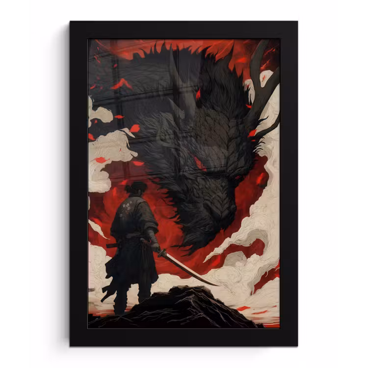 Poster met lijst - Krijger - Draak - Zwart - Rood - Rook — 1