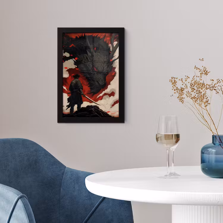 Poster met lijst - Krijger - Draak - Zwart - Rood - Rook — 2