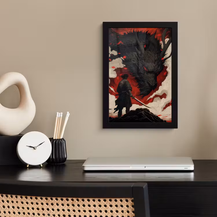 Poster met lijst - Krijger - Draak - Zwart - Rood - Rook — 3