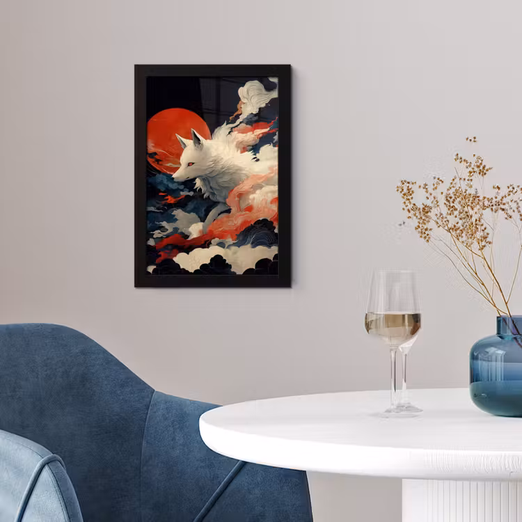 Poster met lijst - Witte vos - wolken - maan — 2