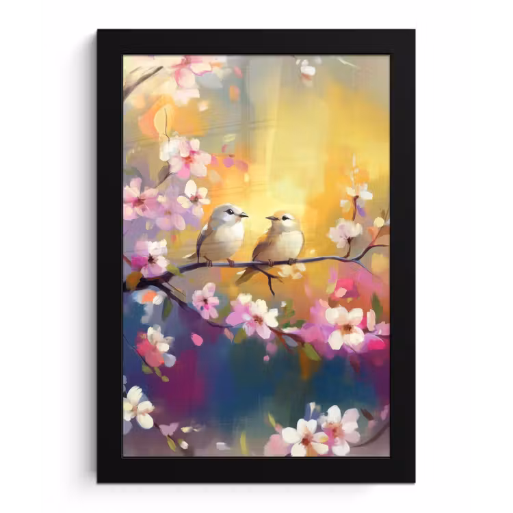 Poster met lijst - Vogels - Bloemen - Roze — 1