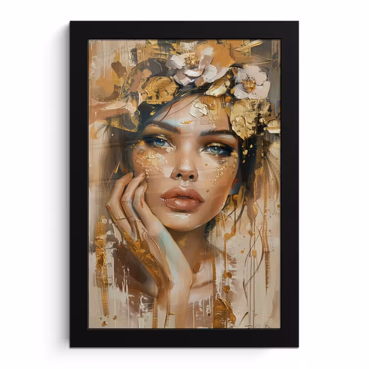 Poster met lijst - Vrouw - Bloemen - Goud - Portret — 1