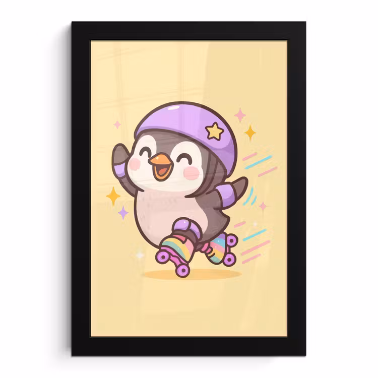 Poster met lijst - Pinguïn - Rolschaatsen - Geel - Energiek — 1