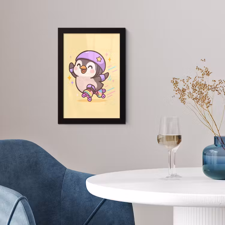 Poster met lijst - Pinguïn - Rolschaatsen - Geel - Energiek — 2