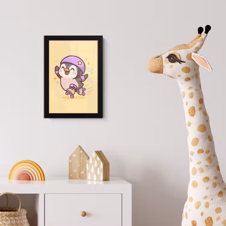 Poster met lijst - Pinguïn - Rolschaatsen - Geel - Energiek — 5