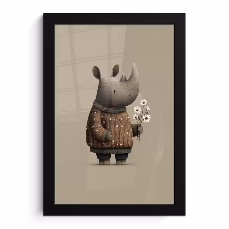 Poster met lijst - Neushoorn - Witte bloemen - Lief — 1