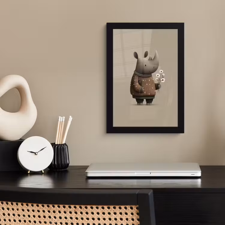 Poster met lijst - Neushoorn - Witte bloemen - Lief — 3