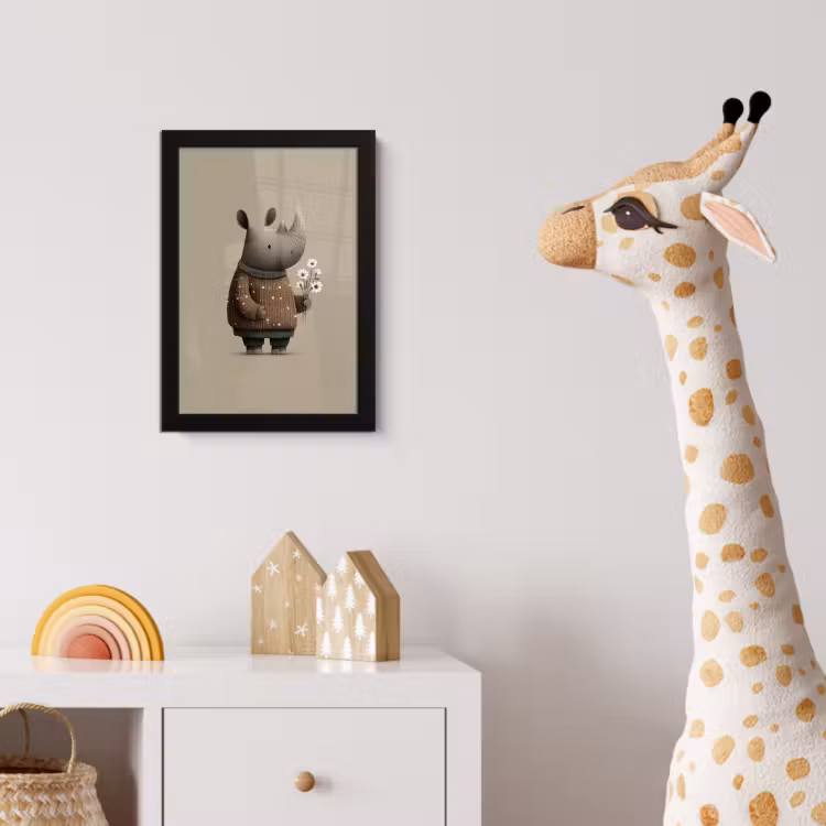 Poster met lijst - Neushoorn - Witte bloemen - Lief — 5