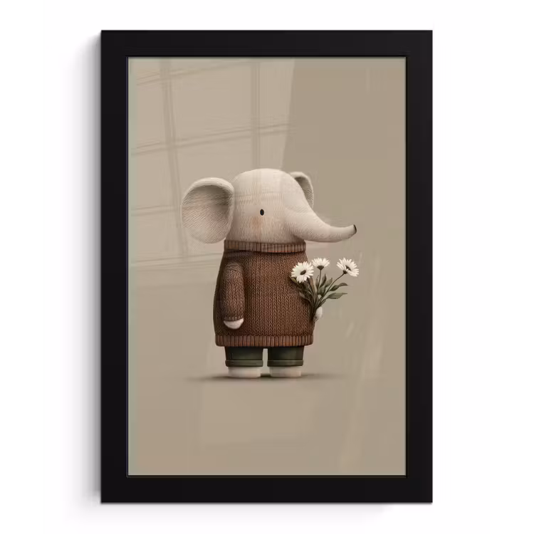 Poster met lijst - Olifant - Witte bloemen - Kindvriendelijk — 1