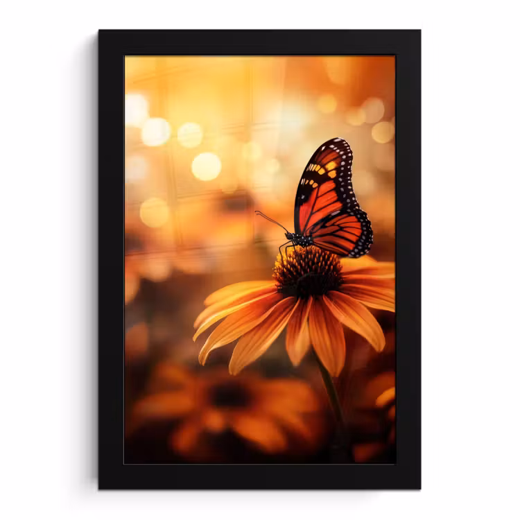 Poster met lijst - Vlinder - Bloemen - Oranje — 1