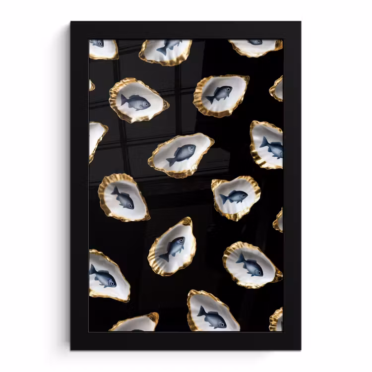 Poster met lijst - Oesters - Vissen - Blauw - Goud — 1